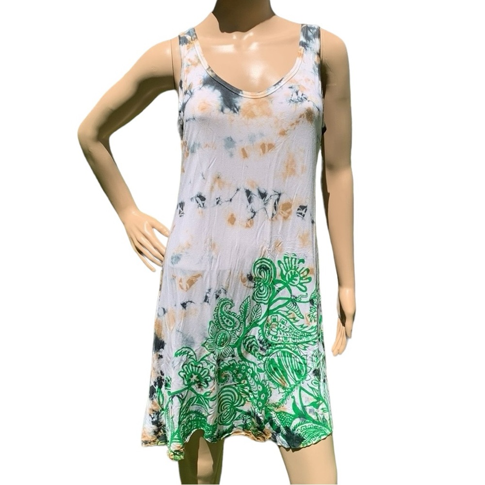 YAK n YETI Tie Dye Green Paisley Boho Tank Dress Scalloped Hem Size Medium